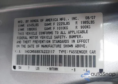 2007 Honda Accord 2.4 Ex z USA, uszkodzony, nr VIN 1HGCM56897A222117
